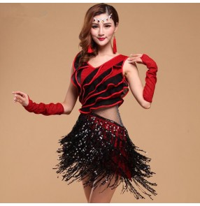 Black red fuchsia hot pink sequined v neck with gloves and fringe earrings women's ladies female competition performance latin dance dresses 